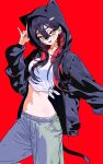  1girl 5oh5s2 :d \n/ absurdres animal_hood black_hair black_jacket blush breasts carmine_(pokemon) cat_hood crop_top fang grey_pants highres hood hooded_jacket jacket medium_breasts midriff mole mole_under_eye multicolored_hair navel pants pokemon pokemon_sv red_background red_hair shirt simple_background slit_pupils smile solo tied_shirt two-tone_hair white_shirt yellow_eyes 