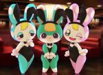  2002 3_fingers animal_crossing anthro black_eyes blonde_hair blue_body blue_eyeshadow blue_fur blush bow_tie bulge bunny_costume chrissy_(animal_crossing) clothed clothing costume covering covering_crotch crossdressing detailed_background embarrassed eyelashes eyeshadow fake_ears fake_rabbit_ears featureless_feet female fingers francine_(animal_crossing) fur green_body green_fur green_nose group hair half-closed_eyes hand_on_chin kajiura lagomorph leg_markings leporid long_ears looking_at_viewer makeup male mammal markings multicolored_body multicolored_fur narrowed_eyes nintendo one_eye_closed open_mouth open_smile owo pink_body pink_eyeshadow pink_fur pink_nose playboy_bunny rabbit sasha_(animal_crossing) smile socks_(marking) spots spotted_ears tongue trio two_tone_body two_tone_fur video_games wavy_mouth white_body white_fur white_spots wink winking_at_viewer 