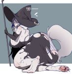  anthro big_breasts big_butt breasts butt canid canine canis clothing female hat headgear headwear hi_res looking_at_viewer looking_back looking_back_at_viewer mammal panties solo tongue tongue_out underwear witch_hat wolf yuio 