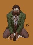  1boy blazer blush bottle brown_hair collared_shirt commentary disco_elysium drunk english_commentary facial_hair full_body green_jacket harry_du_bois highres holding holding_bottle jacket looking_at_viewer male_focus mutton_chops necktie nose_blush nurve26 red_necktie saliva shirt short_hair sitting solo wariza white_shirt 