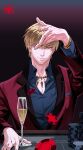  1boy alcohol artist_name blonde_hair blue_shirt bracelet champagne champagne_flute chiamo_(lmc_clm) closed_mouth commentary cup dress_shirt drinking_glass fate/strange_fake fate_(series) gilgamesh_(fate) gold_bracelet gold_necklace gradient_background highres jacket jewelry lapels looking_at_viewer male_focus necklace poker_chip red_eyes red_jacket shirt short_hair solo 