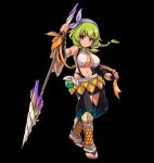  1girl bare_shoulders bikini bikini_top_only black_background black_gloves blush braid breasts brown_eyes cleavage closed_mouth elbow_gloves fingerless_gloves full_body gloves green_hair hairband halterneck hand_up highres holding holding_polearm holding_weapon knee_guards large_breasts low_twin_braids merc_storia merc_storia_art_team minmi_(merc_storia) navel official_art orange_ribbon polearm purple_ribbon ribbon sandals sash shin_guards simple_background smile solo standing swimsuit tachi-e twin_braids weapon white_sash 