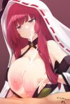  1boy 1girl after_paizuri azur_lane bare_shoulders breast_squeeze breasts chitose_(azur_lane) cum cum_on_body cum_on_breasts ejaculation eyebrows_visible_through_hair facial highres huge_breasts long_hair nipples paizuri pen_(pen3) purple_eyes red_hair simple_background upper_body wide_sleeves 