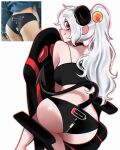  1girl ass bell black_panties blush breasts chair closed_mouth clothes_writing commentary demon_girl demon_horns demon_tail english_commentary from_behind gaming_chair hair_bell hair_ornament highres horns jingle_bell long_hair looking_at_viewer medium_breasts original osu_(osulan) osulan panties photo-referenced ponytail red_eyes simple_background smile solo swivel_chair tail underwear underwear_only white_background white_hair 
