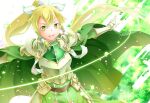  1girl :d adapted_costume armor armored_dress bangs blonde_hair braid breastplate cape dress faulds floating_hair gauntlets green_cape green_dress green_eyes hair_between_eyes hair_tubes highres leafa long_hair oboro_neko outstretched_arms ponytail shiny shiny_hair shoulder_armor sidelocks smile solo sword_art_online twin_braids very_long_hair 