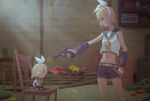  1girl aiming arm_warmers basement belt beretta_92 blonde_hair blue_eyes bow brick_wall chair character_doll collared_shirt contrapposto cowboy_shot crop_top doll finger_on_trigger fuwapuchi grey_shorts grey_sleeves groin gun hair_bow handgun headphones highres holding holding_gun holding_weapon indoors kagamine_rin leg_warmers light_frown midriff navel neckerchief sailor_collar school_uniform shelf shirt short_hair short_shorts shorts skinny standing stomach vocaloid weapon white_bow white_shirt wounds404 yellow_neckerchief 
