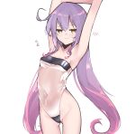  1girl armpits arms_up blush breasts closed_mouth covered_navel cowboy_shot hair_between_eyes highleg highleg_swimsuit highres long_hair looking_at_viewer lyrinne one-piece_swimsuit original purple_hair see-through_swimsuit simple_background small_breasts solo sweatdrop swimsuit very_long_hair white_background yellow_eyes 