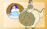 abdominal_bulge alexoul anthro belly big_belly big_breasts big_butt blep bloated blue_body blue_hair blush bodily_fluids breasts buckteeth butt claws curvy_figure digital_drawing_(artwork) digital_media_(artwork) domestic_cat duo english_text exposed_belly eyelashes featureless_breasts felid feline felis female female/female floppy_ears fur hair hi_res huge_belly huge_breasts huge_butt hybrid inside internal jayme_universe lagomorph leporid long_ears mammal monobutt navel nude onomatopoeia overweight popeye_arms rabbit reptile rumbling_stomach scales scalie simple_background size_difference smile sound_effects stomach_acid tail teeth text tongue tongue_out voluptuous voluptuous_female vore wide_hips