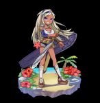  1girl belt black_background blonde_hair blue_shorts blush breasts cleavage clenched_teeth collarbone crop_top dark-skinned_female dark_skin detached_sleeves flower full_body halterneck headband highres holding holding_shield holding_sword holding_weapon large_breasts leaf long_hair merc_storia merc_storia_art_team micro_shorts official_art palm_tree pulmery_(merc_storia) purple_eyes red_flower reverse_grip sandals shield shin_guards shirt shorts sidelocks simple_background smile solo standing sword tachi-e tan teeth thighs tree water weapon white_shirt 