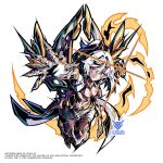  1girl armor armored_bodysuit armored_dress body_markings breasts clawed_gauntlets clenched_hand coattails dress english_commentary english_text erdos_helia erdos_helia_(planar_armament:_warped_spacetime) fire hair_ornament highres honkai_(series) honkai_impact_3rd long_hair midriff ponytail simple_background tailcoat v-shaped_eyebrows vh20/20 white_hair yellow_eyes 