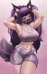  1girl animal_ears armpits arms_up bangs black_mask borrowed_character breasts cleavage gakibaki gradient gradient_background grey_shorts grey_sports_bra highres large_breasts long_hair mask mitsuki_(hanns33694210) mouth_mask navel original print_mask purple_background purple_eyes purple_hair shorts solo sports_bra swept_bangs tail very_long_hair wolf_ears wolf_tail 