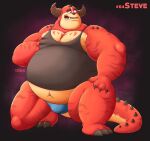  2022 anthro belly bulge clothing hi_res male monster navel overweight overweight_male red_body rumble_(movie) shirt solo steve_(rumble) stompsthecroc topwear underwear 