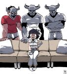  1girl angel azazel_(helltaker) black_hair bulge casting_couch commentary couch crossed_arms demon_horns english_commentary erection erection_under_clothes glorious_success gloves gonzalocosta888 halo helltaker horns imminent_gangbang meme on_couch open_mouth piper_perri_surrounded_(meme) scene_reference shirt short_hair skeleton_(helltaker) sweat white_gloves white_horns white_shirt you_gonna_get_raped 
