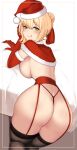  absurdres ahoge ass bed blonde_hair blush breasts capelet christmas elbow_gloves fate/extra fate/grand_order fate_(series) fur_trim garter_belt garter_straps gloves green_eyes hat highres hioyami large_breasts leg_garter looking_at_viewer looking_back naughty_face nero_claudius_(fate) red_capelet red_gloves santa_costume santa_hat thighhighs thong tongue tongue_out topless 