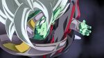  1boy colored_skin dragon_ball dragon_ball_heroes dragon_ball_super earrings evil_grin evil_smile eyepatch from_above fused_zamasu green_skin grey_hair grin jewelry looking_up male_focus one_eye_covered pointy_ears potara_earrings rom_(20) smile solo spiked_hair torn_clothes 