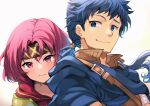  1boy 1girl blue_eyes blue_hair cloak closed_eyes colm_(fire_emblem) crying crying_with_eyes_open fire_emblem fire_emblem:_the_sacred_stones headband highres looking_at_viewer low_ponytail nakabayashi_zun neimi_(fire_emblem) pink_eyes pink_hair ponytail short_hair shoulder_pads simple_background smile tears upper_body white_background 