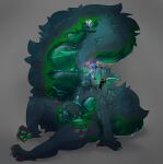 absurd_res anthro bodily_fluids burping_in_face claws coiling duo eyeliner eyes_closed face_lick fangs female glistening glistening_body green_body helenamite hi_res hot_breath imminent_vore licking machine makeup male male/female maralumachix oral_vore pawpads pheromones protogen qaxi saliva saliva_on_face saliva_string size_difference slime sweat tail_grapple teeth toe_claws tongue vore