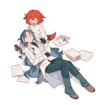  2girls aged_down animal_ears arknights black_gloves black_shoes blue_hair blue_pants closed_eyes coat crownslayer_(arknights) dopperu_ben dress fingerless_gloves frown full_body gloves grin hand_on_another's_head highres hyena_ears hyena_girl hyena_tail knees_up lab_coat lap_pillow long_hair multicolored_hair multiple_girls open_mouth pants paper paper_stack red_hair shoes short_hair simple_background smile snegurochka_(arknights) socks streaked_hair white_background white_coat white_dress white_hair white_socks 