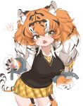 1girl animal_ear_fluff animal_ears animal_hands animal_print big_hair black_hair blush breasts chain claw_pose claws collared_shirt commentary_request cowboy_shot cuffs fangs garter_straps hair_between_eyes handcuffs heart highres jaggy_lines kakanashi1 kemono_friends large_breasts leaning_forward long_hair low-tied_long_hair miniskirt multicolored_hair necktie open_mouth orange_hair pawpads plaid_clothes plaid_necktie plaid_skirt pleated_skirt print_thighhighs shackles shirt siberian_tiger_(kemono_friends) simple_background skirt solo sweater_vest tail thighhighs tiger_ears tiger_print tiger_tail twintails vest white_background white_hair white_shirt yellow_eyes zettai_ryouiki 