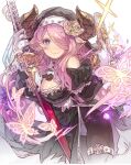  1girl animal bangs between_breasts black_dress black_pantyhose blue_eyes blush breasts bug butterfly cleavage closed_mouth commentary_request commission dress granblue_fantasy hair_over_one_eye haku_(sabosoda) highres large_breasts leotard leotard_under_clothes long_hair looking_at_viewer narmaya_(granblue_fantasy) pantyhose pink_hair pointy_ears sheath sheathed simple_background skeb_commission smile solo veil very_long_hair white_background white_leotard 