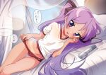  1girl adjusting_buruma adjusting_clothes ass_visible_through_thighs bangs bed blush bow breasts brown_bow buruma collarbone day dutch_angle feet_out_of_frame flipped_hair furrowed_brow groin hair_bow hand_on_own_face hiiragi_kagami hotaru_iori ichimi_renge indoors light_purple_hair long_hair looking_at_viewer lube lucky_star midriff on_bed open_mouth parted_bangs pillow purple_eyes red_buruma school_uniform second-party_source shirt short_sleeves single_sidelock small_breasts solo straight_hair tsurime twintails very_long_hair wavy_mouth white_curtains white_shirt window 