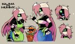  &gt;_&lt; 1girl :d absurdres apron ass bandaged_arm bandaged_fingers bandaged_head bandages black_skin blank_eyes blue_pants breasts carnivorous_plant character_name colored_skin covered_mouth denim flying_sweatdrops green_apron green_eyes grey_background hair_over_one_eye hand_up headpat highres jaggy_line jeans kneeling large_breasts long_hair multiple_views mummy najma_(rariatto) notice_lines one_eye_covered open_mouth original pants petting pink_hair plant potted_plant rariatto_(ganguri) sarashi smile waving 