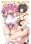  2girls alternate_costume animal_ears arm_strap ass ass_visible_through_thighs azur_lane back_cutout baltimore_(azur_lane) bangs bare_shoulders bell black_choker blush braid breasts bremerton_(azur_lane) brown_hair chinese_zodiac choker claw_pose closed_mouth clothing_cutout commentary_request competition_swimsuit cowboy_shot eyebrows_visible_through_hair fake_animal_ears fake_tail fang fingerless_gloves french_braid gloves grey_hair hair_between_eyes hair_intakes hair_ornament hairband halcon half_gloves hand_on_hip hand_up hands_up highres large_breasts leaning_forward long_hair looking_at_viewer mole mole_under_eye multicolored_hair multiple_girls neck_bell nose_blush one-piece_swimsuit one_eye_closed open_mouth pink_eyes pink_hair short_hair sidelocks simple_background sketch skindentation smile standing standing_on_one_leg streaked_hair swimsuit tail thighhighs tiger_ears tiger_tail twintails twisted_torso two-tone_hair white_background white_legwear white_swimsuit year_of_the_tiger yellow_eyes 