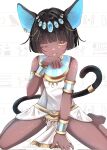  1boy :3 ;p ancient_egyptian_clothes animal_ear_piercing animal_ears armlet bare_legs bare_shoulders barefoot bishounen black_hair black_tail blue_gem blunt_bangs blunt_ends bracelet brown_egyptian_cat-eared_loli_(trend) cat_boy cat_ears cat_tail colored_inner_animal_ears commentary dark-skinned_male dark_skin gem hair_intakes hair_ornament hand_on_floor hand_up hieroglyphics highres jewelry looking_at_viewer male_focus one_eye_closed original pale_migi pelvic_curtain shendyt short_hair sideless_outfit sitting solo straight-on tail tail_ornament tail_ring tongue tongue_out usekh_collar very_short_hair wariza watermark white_background yellow_eyes 