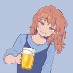  1girl alcohol beer beer_mug blue_eyes blue_shirt commentary_request cup drink eyebrows_visible_through_hair highres holding holding_drink long_hair long_sleeves looking_at_viewer mug muji_(uimss) orange_hair original parted_lips shirt smile solo upper_body 