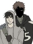  2boys afraid_of_monsters bag black_eyes black_gloves black_hair black_hoodie brotherhon56337 brown_hair creator_connection cry_of_fear david_leatherhoff fingerless_gloves gloves grey_gloves grey_hoodie hand_on_another's_shoulder highres holding_strap hood hood_down hood_up hoodie looking_to_the_side male_focus multiple_boys possessive print_hoodie shaded_face short_hair shoulder_bag simon_henriksson striped_clothes striped_hoodie turtleneck upper_body 