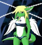  accessory anthro blonde_hair blue_eyes bra breasts chain clothing dragon feathered_wings feathers female finger_in_underwear fur fur_markings furgonomics furred_dragon giru_(artist) green_body green_fur hair hand_on_hip hi_res jewelry markings mostly_nude solo standing tail_accessory tail_bracelet tail_jewelry underwear white_body white_fur wings yuri_(giru) 