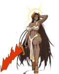  1girl breasts brown_hair choker cleavage commentary dark-skinned_female dark_skin emperor_of_mankind english_commentary genderswap genderswap_(mtf) halo head_wreath highres holding holding_sword holding_weapon large_breasts laurel_crown long_hair navel podobrick sandals simple_background solo stomach sword toned toned_female very_long_hair warhammer_40k weapon white_background white_choker white_loincloth yellow_eyes yellow_halo yellow_sandals 