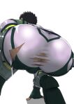  1boy absurdres anus ass ass_focus bara black_hair bodysuit bulge dark-skinned_male dark_skin dotsu_(wtnbkwiyd) foot_out_of_frame from_behind from_below highres kyoichi_(live_a_hero) live_a_hero male_focus shiny shiny_clothes short_hair solo squatting taut_clothes tight torn_bodysuit torn_clothes white_bodysuit 