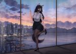  1girl animal_ears black_footwear black_legwear borrowed_character city cloud cloudy_sky commission dismaiden glasses hand_up high_heels highres long_hair mitsuki_(hanns33694210) mountain original pantyhose round_eyewear shadow shirt short_sleeves sky solo standing tail twilight white_shirt wide_shot window wolf_ears wolf_girl wolf_tail 