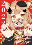  1girl 2022 animal_collar animal_ears animal_print black_hat blonde_hair character_request chinese_zodiac claw_pose collar commentary_request copyright_request fingernails hair_ornament hairclip hat highres mask multicolored_nails new_year pale_skin red_background red_collar red_streaks sakura_yuto sharp_fingernails short_hair solo tiger_ears tiger_mask_(object) tiger_print upper_body year_of_the_tiger yellow_eyes 