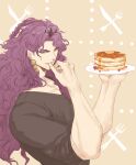  1boy black_shirt earrings eyeshadow food horns jewelry jojo_no_kimyou_na_bouken kars_(jojo) licking licking_finger long_hair makeup male_focus pancake purple_hair red_eyes shirt solo t-shirt wavy_hair yepnean 