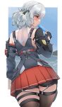  1girl absurdres beach bike_shorts black_gloves black_ribbon black_thighhighs blue_sky blush commentary detached_sleeves english_commentary fingerless_gloves food food_in_mouth from_behind girls'_frontline girls'_frontline_2:_exilium gloves hair_ribbon highres holding holding_food holding_popsicle ocean pleated_skirt popsicle popsicle_in_mouth red_eyes red_skirt ribbon sabrina_(girls'_frontline_2) short_hair skirt sky solo spas-12_(girls'_frontline) tascalate thighhighs white_background white_hair 