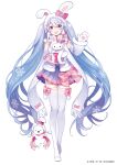  1girl :d animal_ear_hairband animal_ears blue_eyes blue_hair blue_skirt boots bow bow_hairband bow_legwear commentary_request copyright_name copyright_notice detached_sleeves double-parted_bangs fake_animal_ears full_body fur-trimmed_sleeves fur-trimmed_vest fur_trim gradient_hair hair_bow hair_ornament hairband hand_up hatsune_miku head_tilt hello_kitty hello_kitty_(character) holding holding_stuffed_toy long_hair looking_at_viewer miniskirt mittens multicolored_hair official_art open_mouth patterned_hair paw_print_palms pink_bow pink_trim pleated_skirt rabbit rabbit_ear_hairband rabbit_ears rabbit_yukine saine sanrio scarf simple_background skindentation skirt sleeveless smile snowflake_hair_ornament snowflake_print straight_hair stuffed_animal stuffed_cat stuffed_toy thigh_boots twintails two-tone_hair very_long_hair vest vocaloid waistcoat waving white_background white_boots white_bow white_hair white_rabbit_(animal) white_scarf white_vest yuki_miku zettai_ryouiki 