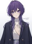  1girl ame_(harusame) artist_name asahina_mafuyu black_jacket blush breasts buttons character_name gradient_background grey_background hair_between_eyes hand_up happy_birthday hashtag-only_commentary high-waist_skirt highres jacket jacket_on_shoulders jellyfish_cut jewelry lapels long_hair looking_at_viewer medium_breasts nail_polish necklace notched_lapels official_alternate_costume official_alternate_hairstyle parted_lips project_sekai purple_eyes purple_hair purple_nails purple_skirt ribbed_sweater sidelocks simple_background skirt solo straight-on sweater sweater_tucked_in turtleneck turtleneck_sweater twitter_username upper_body watermark white_sweater zozotown 