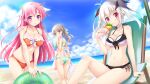  3girls :t ass ayame_(harukaze_sensation!) bangs beach bikini black_bikini black_bow blue_sky blush bow breasts brown_eyes cleavage closed_mouth cloud collarbone day eating eyebrows_visible_through_hair food game_cg green_bikini groin hair_between_eyes hair_bow hair_ornament halterneck harukaze_sensation! hashiro_mio highres holding holding_food innertube ko~cha large_breasts leaning_forward long_hair medium_breasts miyatsuki_haruka multiple_girls ocean orange_bikini outdoors pink_eyes pink_hair ponytail red_eyes shiny shiny_hair shiny_skin side-tie_bikini silver_hair sitting sky smile standing swimsuit thigh_gap twintails underboob very_long_hair white_bikini white_bow 