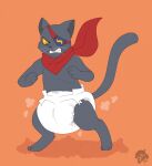 3_fingers 3_toes ambiguous_gender angry anthro artist_logo blush blush_lines bubblepuppers bushiroad clean_diaper clenched_teeth clothed clothing cloud_emanata diaper diaper_puff domestic_cat emanata eye_patch eyewear feet felid feline felis fingers full-length_portrait fur future_card_buddyfight grey_body grey_fur grey_inner_ear_fluff grey_nose grey_tail helle_gepard hi_res inner_ear_fluff kerchief logo mammal neckerchief neckwear orange_background portrait red_kerchief red_neckerchief sharp_teeth simple_background solo standing tail teeth three-quarter_view toes tuft wearing_diaper whiskers white_diaper white_whiskers