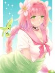  1girl absurdres alternate_costume bird breasts choker cleavage closed_mouth commentary_request flower green_bird green_eyes hair_flower hair_ornament highres large_breasts pink_flower pink_hair rune_factory rune_factory:_guardians_of_azuma ulalaka yoshida-smile 