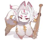  1girl animal_ears animal_hands animal_print breasts cleavage club_(weapon) furry furry_female furry_girl_(i_am_spacebar) hair_ribbon hanging_breasts jianpan_xiafang_de_da_kongge large_breasts nipples original red_eyes ribbon shortstack simple_background spiked_club tiger_print torn_clothes weapon white_background 