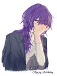  1girl asahina_mafuyu black_jacket blazer closed_mouth commentary cropped_torso dated english_commentary expressionless grey_eyes hair_between_eyes hand_on_own_cheek hand_on_own_chin hand_on_own_face hand_up happy_birthday head_rest highres jacket jacket_on_shoulders jellyfish_cut jewelry lapels long_hair looking_at_viewer necklace notched_lapels official_alternate_costume official_alternate_hairstyle project_sekai purple_hair rae_laire23 ribbed_sweater sidelocks simple_background solo sweater turtleneck turtleneck_sweater upper_body white_background white_sweater zozotown 