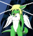  accessory anthro blonde_hair blue_eyes breasts chain dragon feathered_wings feathers female fur fur_markings furgonomics furred_dragon genitals giru_(artist) green_body green_fur hair hand_on_hip hi_res jewelry markings nipples nude pussy solo standing tail_accessory tail_bracelet tail_jewelry white_body white_fur wings yuri_(giru) 