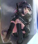  1girl arknights beretta_92 black_boots black_choker black_gloves black_hair black_socks boots choker commentary full_body gloves green_eyes gun handgun headset holding holding_gun holding_weapon hood hood_down jessica_(arknights) knee_boots kneehighs layered_sleeves long_sleeves looking_to_the_side multicolored_hair nervous niina_ryou open_mouth pink_hair pouch short_hair short_over_long_sleeves short_sleeves sitting socks solo streaked_hair sweatdrop tail thigh_pouch thigh_strap trigger_discipline weapon 