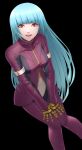  1girl bangs belt black_background blue_hair bodysuit breasts eyebrows_visible_through_hair gloves highres kula_diamond long_hair looking_at_viewer medium_breasts purple_eyes simple_background smile sthreep the_king_of_fighters the_king_of_fighters_xv 