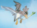  bird black_eyes blue_sky brown_feathers commentary_request duck farfetch'd feathers flying food fusenryo holding holding_food holding_vegetable no_humans pokemon pokemon_(creature) sky spring_onion tail v-shaped_eyebrows vegetable white_feathers 