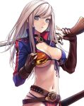  american_flag_bikini applekun asymmetrical_gloves asymmetrical_hair bangs belt belt_buckle bikini blue_eyes breasts buckle burger cleavage cowboy_shot fate/grand_order fate_(series) fingerless_gloves flag_print food front-tie_bikini front-tie_top gloves gunblade highres holding holding_food large_breasts long_hair miyamoto_musashi_(fate) miyamoto_musashi_(swimsuit_berserker)_(fate) multi-strapped_bikini_bottom navel pink_hair print_swimsuit sheath shrug_(clothing) single_sidelock swept_bangs swimsuit two-tone_swimsuit uneven_gloves weapon white_background 