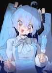  absurdres ahoge black_background blue_background blue_eyes blue_hair blue_suspenders body_horror bow bowtie collared_shirt commentary_request cowboy_shot double-parted_bangs food food-themed_hair gradient_background hatsune_miku highres holding holding_food holding_popsicle korean_commentary long_hair long_sleeves melting melting_eyes melting_popsicle meruto_aisukuriimu_(vocaloid) open_mouth pale_skin popsicle shirt skirt smile suspenders vocaloid white_bow white_bowtie white_shirt 
